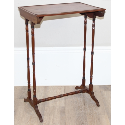 56 - An Edwardian mahogany side table with turned supports, approx 51cm wide x 35cm deep x 75cm tall