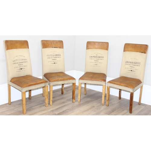 91 - A set of 4 modern leather and canvas dining chairs with wooden legs, the backs with Paris related st... 