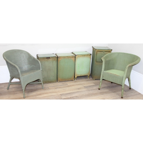 116 - 6 pieces of vintage Lloyd Loom and Lloyd Loom style furniture, all green painted to inc 2 chairs, 3 ... 