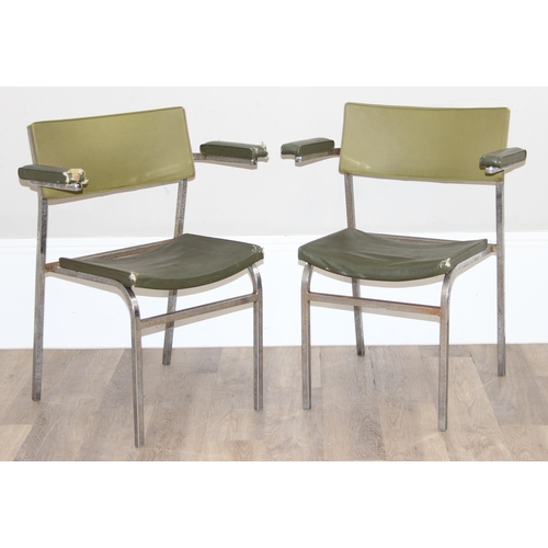 172 - A pair of retro green vinyl and chrome framed armchairs, seemingly unmarked, approx 60cm wide x 77cm... 