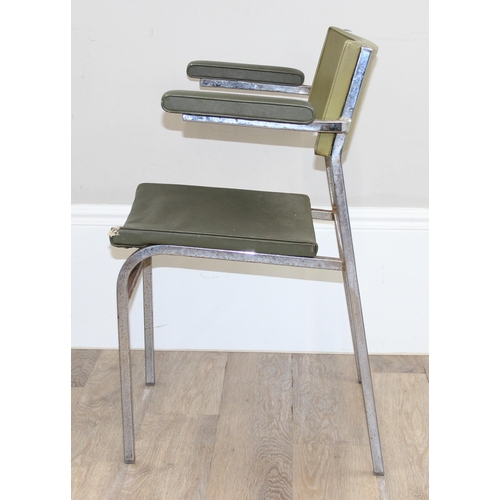 172 - A pair of retro green vinyl and chrome framed armchairs, seemingly unmarked, approx 60cm wide x 77cm... 