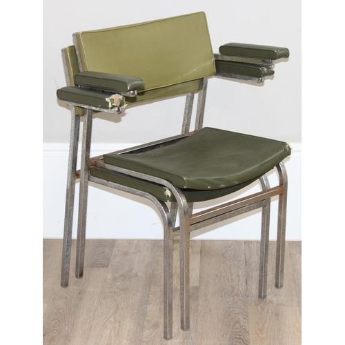 172 - A pair of retro green vinyl and chrome framed armchairs, seemingly unmarked, approx 60cm wide x 77cm... 