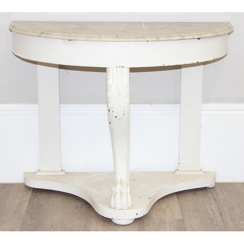 162 - An antique demi-lune side table or wash stand with white painted base and marble top, approx 91cm wi... 