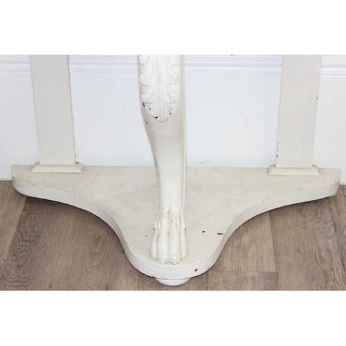 162 - An antique demi-lune side table or wash stand with white painted base and marble top, approx 91cm wi... 