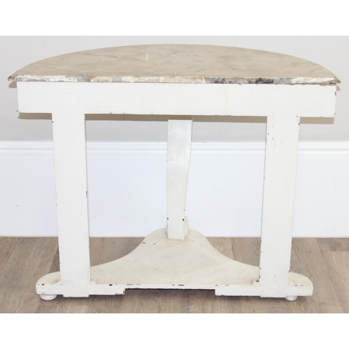 162 - An antique demi-lune side table or wash stand with white painted base and marble top, approx 91cm wi... 