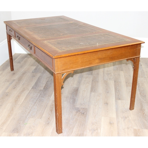 160 - An antique style desk or library table with inset gilt tooled leather top, 3 drawers to one side and... 