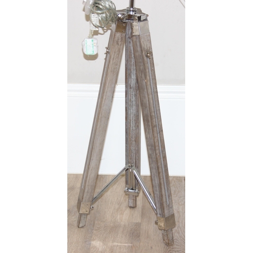 239 - Industrial style floor-standing search light lamp, with wooden base and chrome head, approx 144cm fu... 