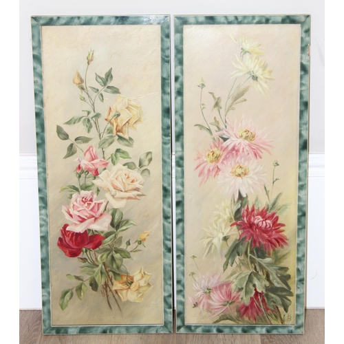 367 - A pair of antique oil on board paintings of flowers, likely late 19th century, signed HB or BH, in v... 