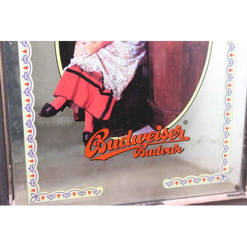 371 - Vintage Budweiser Budvar picture mirror in frame and a Player's advertising picture, largest approx ... 