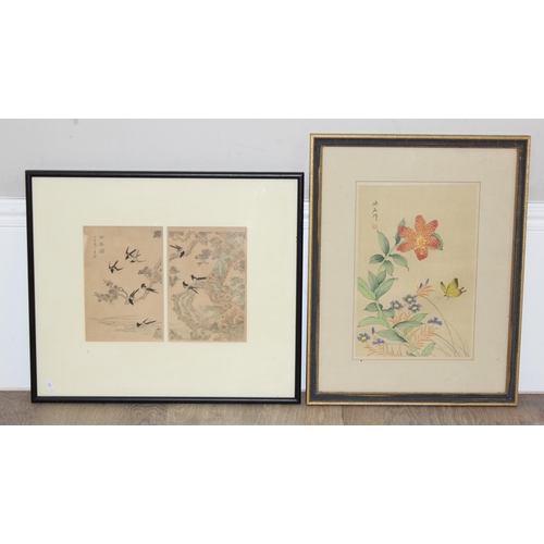 372 - 2 Oriental framed pictures to incl a watercolour on paper of a butterfly and flowers, and a print of... 