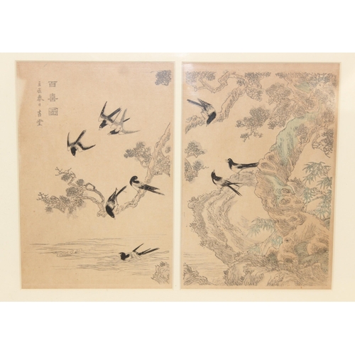 372 - 2 Oriental framed pictures to incl a watercolour on paper of a butterfly and flowers, and a print of... 