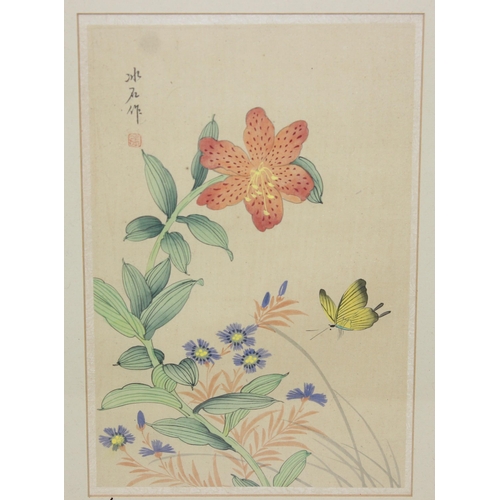 372 - 2 Oriental framed pictures to incl a watercolour on paper of a butterfly and flowers, and a print of... 