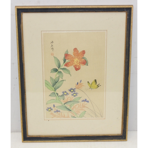 372 - 2 Oriental framed pictures to incl a watercolour on paper of a butterfly and flowers, and a print of... 