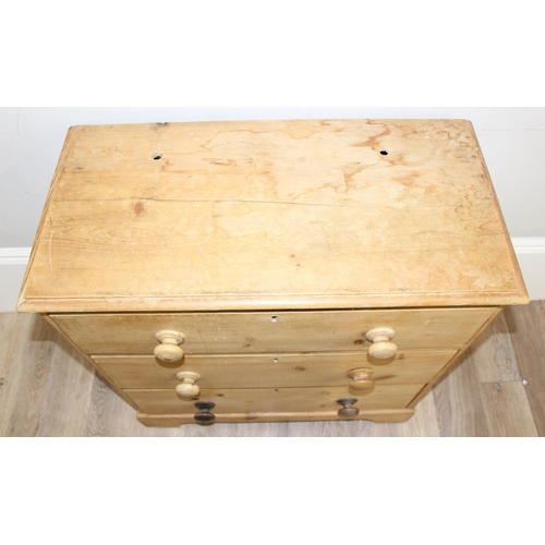 7 - An antique pine 3 drawer chest of drawers with bun handles, approx 79cm wide x 40cm deep x 82cm tall