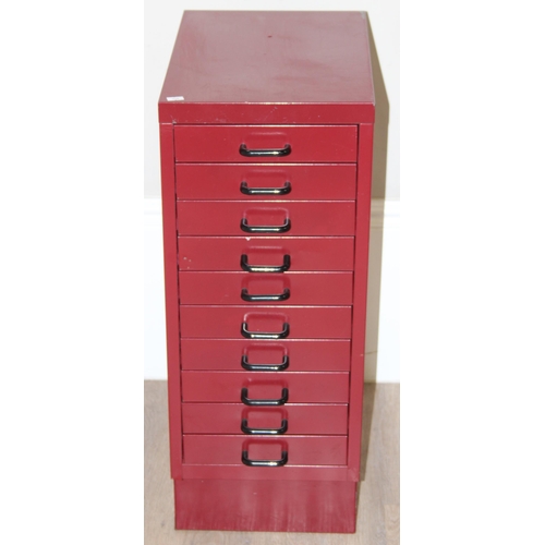 105 - A Bisley style 10 drawer metal cabinet with burgundy painted finish, approx 28cm wide x 40cm deep x ... 