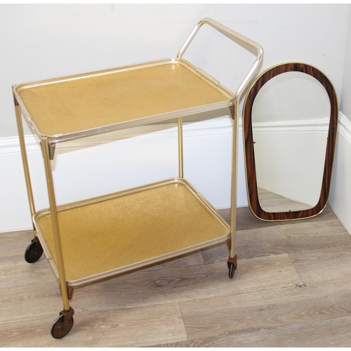 125 - A retro gold painted metal serving trolley and retro wooden effect wall mirror (2)