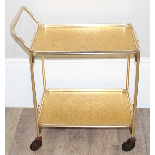 125 - A retro gold painted metal serving trolley and retro wooden effect wall mirror (2)