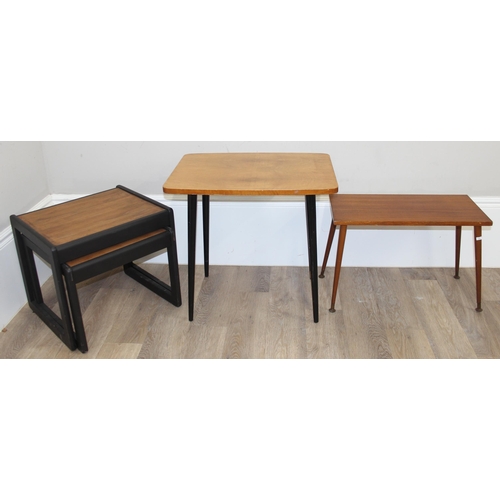 97 - A G-Plan style nest of 2 tables with painted details and 2 further retro side tables, the largest ap... 