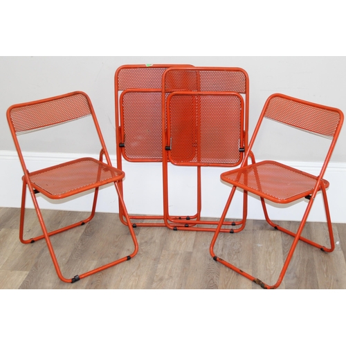 123 - A set of 4 vintage red painted folding metal bistro chairs, each approx 80cm tall