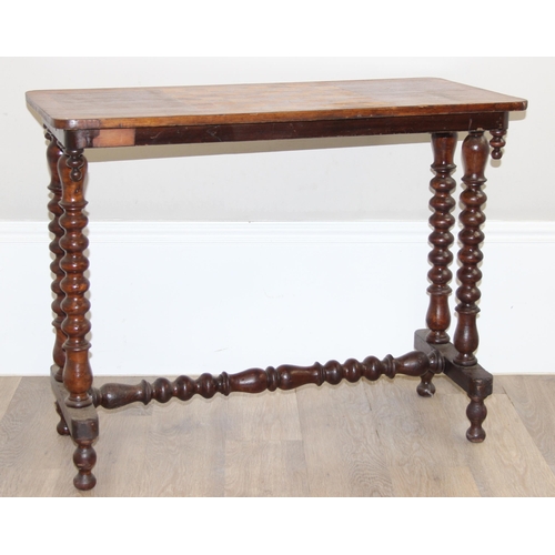 120 - An antique mahogany and inlaid chess table with impressive bobbin turned legs, approx 86cm wide x 42... 