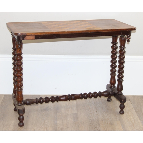 120 - An antique mahogany and inlaid chess table with impressive bobbin turned legs, approx 86cm wide x 42... 