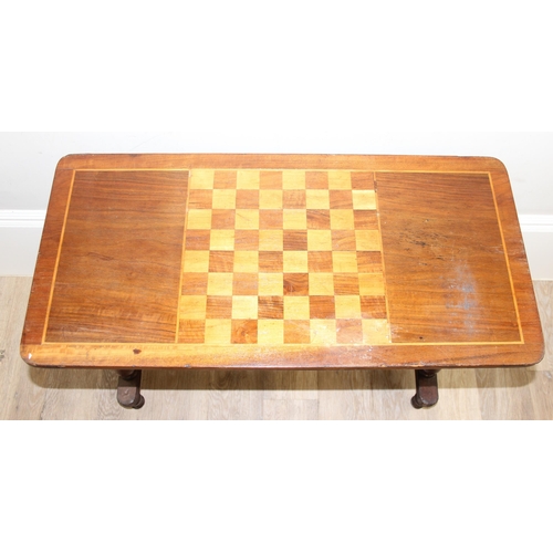 120 - An antique mahogany and inlaid chess table with impressive bobbin turned legs, approx 86cm wide x 42... 