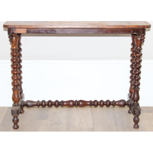 120 - An antique mahogany and inlaid chess table with impressive bobbin turned legs, approx 86cm wide x 42... 