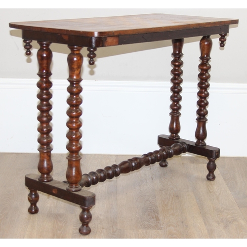 120 - An antique mahogany and inlaid chess table with impressive bobbin turned legs, approx 86cm wide x 42... 