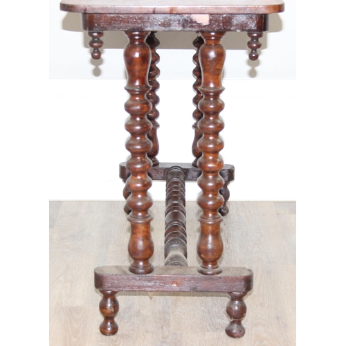 120 - An antique mahogany and inlaid chess table with impressive bobbin turned legs, approx 86cm wide x 42... 