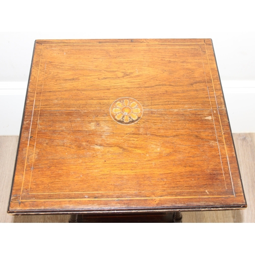 180 - An Edwardian Rosewood Sheraton Revival side table with inlay and turned legs, approx 53cm square x 6... 