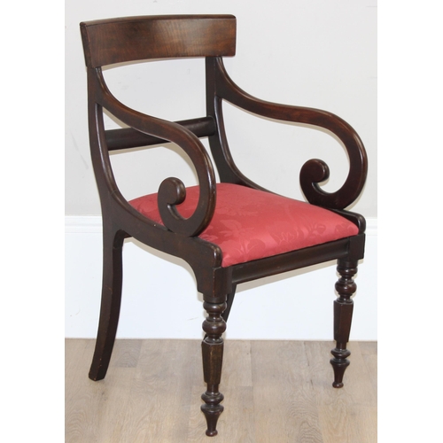 139 - A Georgian scroll arm mahogany carver or library chair with later upholstered red fabric seat, appro... 