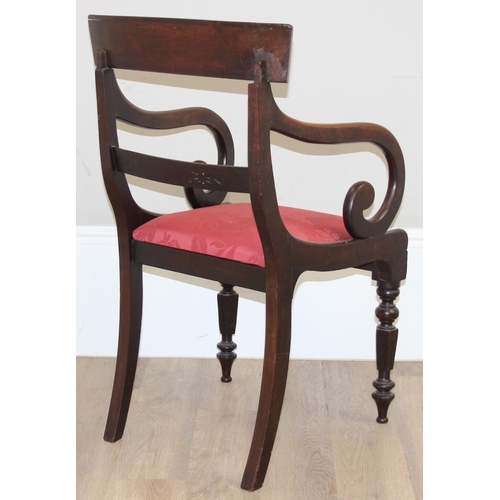 139 - A Georgian scroll arm mahogany carver or library chair with later upholstered red fabric seat, appro... 