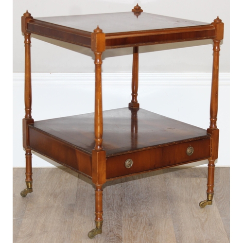 41 - Vintage wooden bedside table on brass castors and single drawer, approx 46cm x 46cm x 62cm