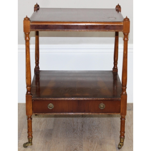 41 - Vintage wooden bedside table on brass castors and single drawer, approx 46cm x 46cm x 62cm