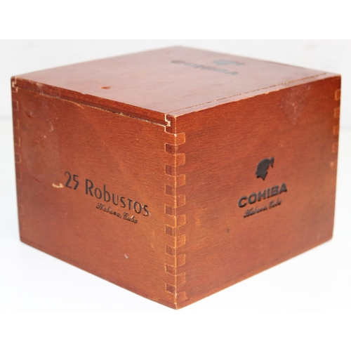 1400 - 25 Cohiba Robusto Cigars in opened slide lid wooden cabinet box, still wrapped in ribbon and paper, ... 