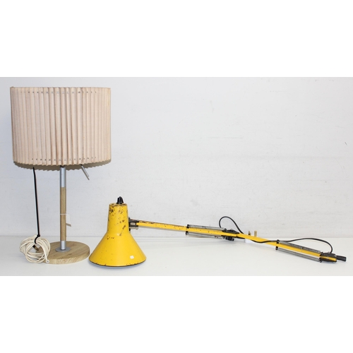 233 - A yellow painted Anglepoise style mounted bench lamp with no base and an Ikea lamp with fabric shade... 