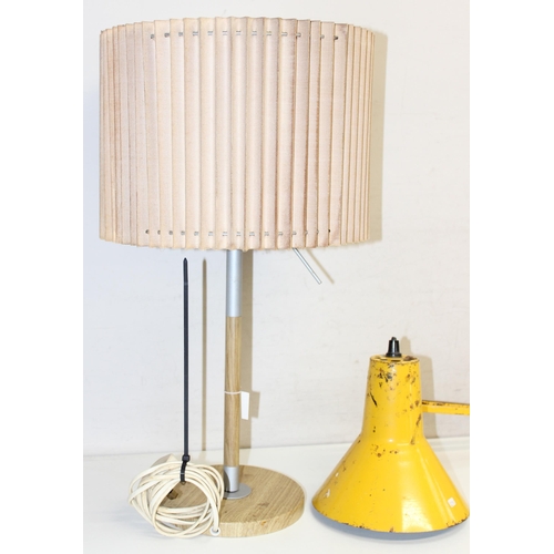 233 - A yellow painted Anglepoise style mounted bench lamp with no base and an Ikea lamp with fabric shade... 