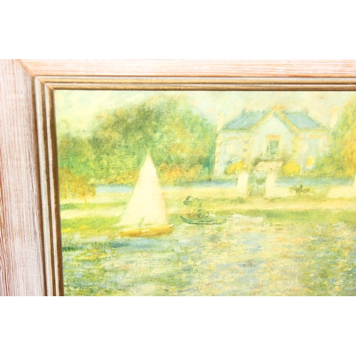 363 - A vintage textured print depicting The Skiff (La Yole) by Renoir, approx 77cm x 62cm inc frame