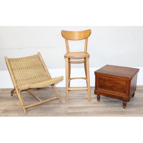 80 - A retro wicker and bamboo lounge chair, a tall light wood bar stool and an antique mahogany commode ... 