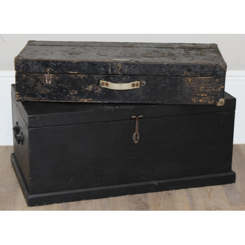 161 - 2 vintage black painted wooden tool chests, one with white painted fitted interior, the largest appr... 