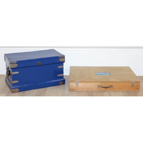 178 - A vintage plywood flat box and a blue and red painted antique chest, the largest box approx 76cm wid... 