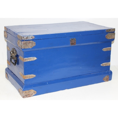 178 - A vintage plywood flat box and a blue and red painted antique chest, the largest box approx 76cm wid... 