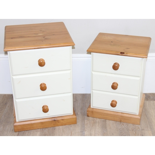 52 - 2 semi-painted and pine 3-drawer bedside cabinets of different sizes, largest approx 42cm x 44cm x 6... 