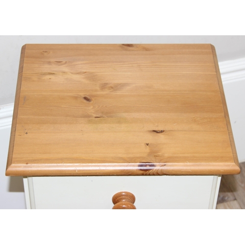 52 - 2 semi-painted and pine 3-drawer bedside cabinets of different sizes, largest approx 42cm x 44cm x 6... 