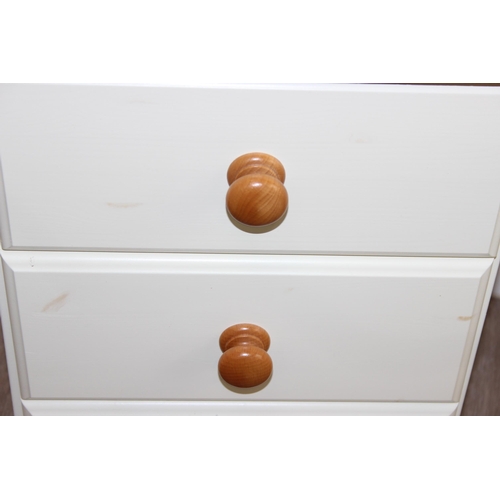 52 - 2 semi-painted and pine 3-drawer bedside cabinets of different sizes, largest approx 42cm x 44cm x 6... 