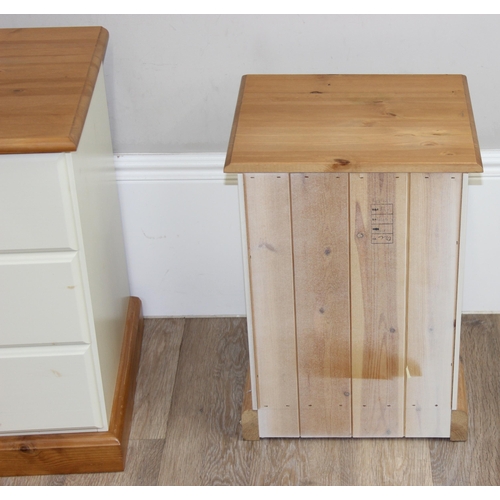 52 - 2 semi-painted and pine 3-drawer bedside cabinets of different sizes, largest approx 42cm x 44cm x 6... 