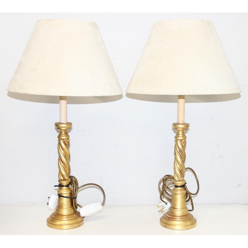 246 - A pair of giltwood barleytwist table lamps with shades, by Peter Martin Designs, and a vintage woode... 