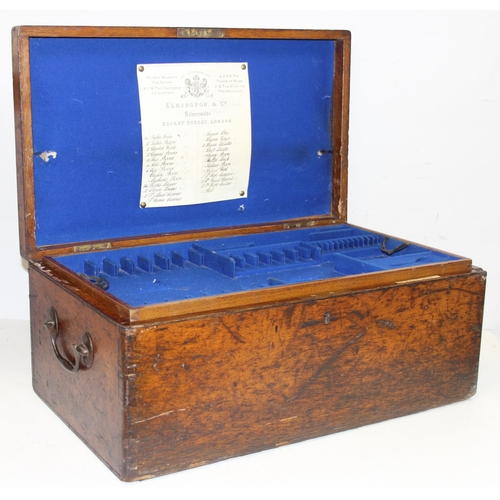 294 - An antique oak silver chest with brass handles and plaque, label to interior for Elkington & Co of L... 