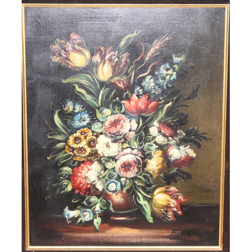 376 - An antique style still life oil on canvas in gilt frame of a flower arrangement, indistinctly signed... 