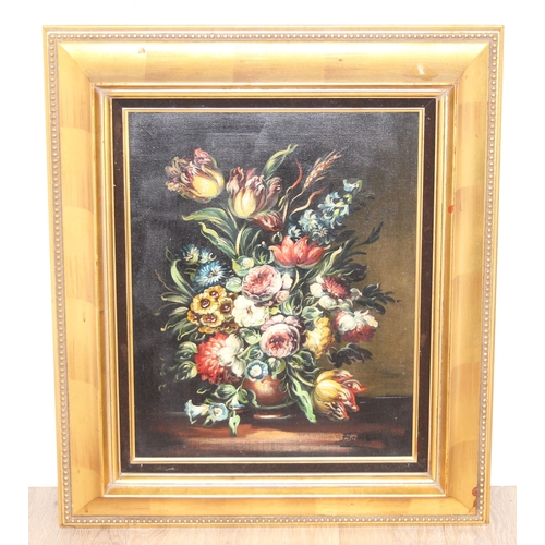 376 - An antique style still life oil on canvas in gilt frame of a flower arrangement, indistinctly signed... 